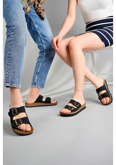 Muggo Rehda Garantili İki Toka Rahat Taban Ayarlanabilir Unisex Terlik Siyah