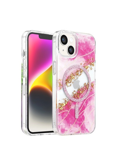 Onegif Apple İphone 15 Lotus Simli Magsafe Kapak - Pembe - Pembe