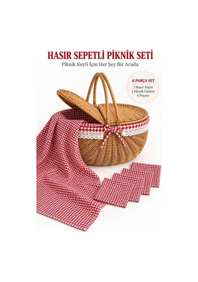 Hasır Görünümlü Oval Sepet 38 Cm + Piknik Seti 5 Parça Krem