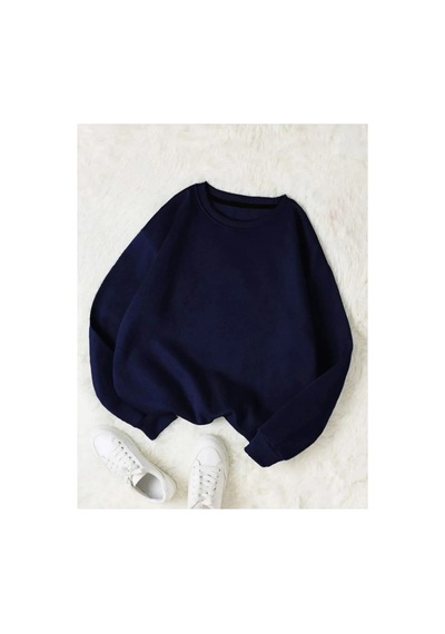 Swoord Bisiklet Yaka Unisex Oversize Sweatshirt 3 Iplik Şardonlu Pamuklu Baskısız Lacivert