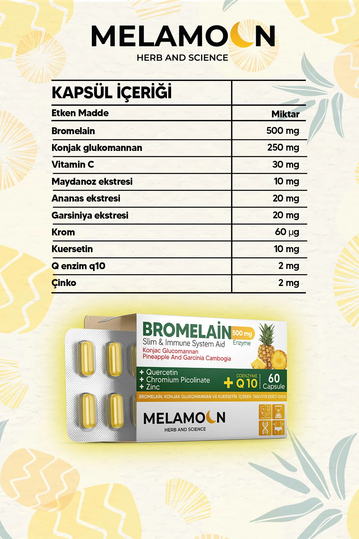 Bromelain 500 Mg Ve Konjak Glukomannan Koenzim Q10 Bromelin -krom Pikolinat 60 Kapsül