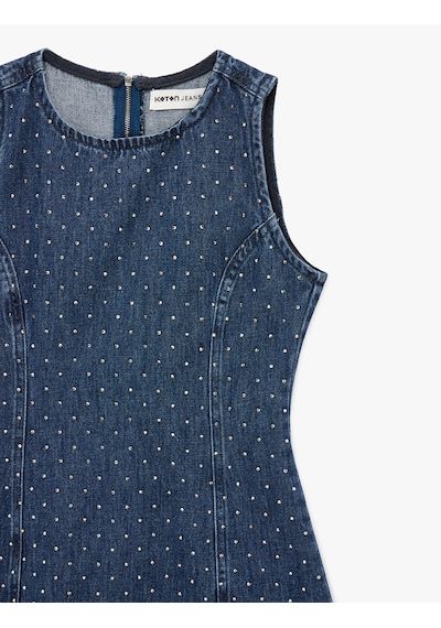 Koton Pamuklu Taş Detaylı Bisiklet Yaka Kolsuz Mini Denim Elbise Koyu İndigo 6sal80019md Indigo