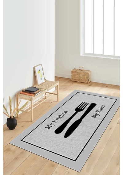 West Home Dijital Baskı Yıkanabilir Kaymaz Taban Gri Mutfak Halısı Yolluk Wh 532 Grey