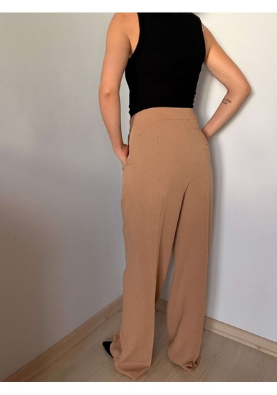 Camel Çift Pileli Keten Pantolon Camel
