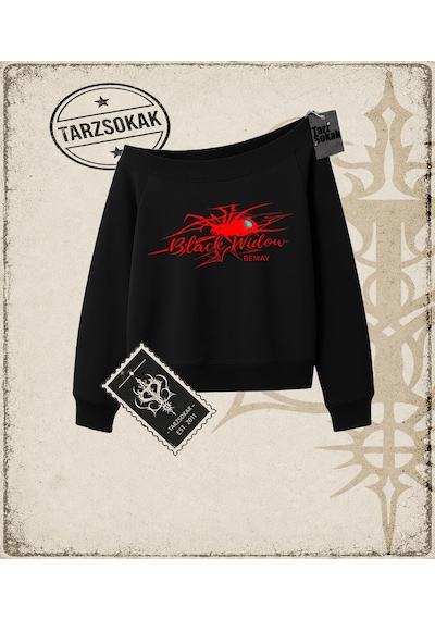 Tarzsokak Gotik & Grunge Streetwear Black Widow Omuzu Açık Spider Kayık Yaka Sweatshirt Siyah
