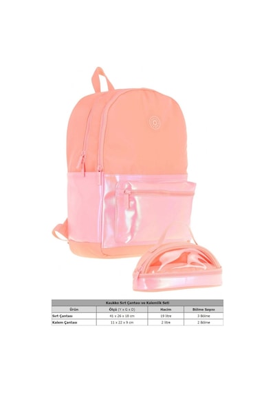 Kaukko Cube Okul Çantası Ve İki Bölmeli Kalemlik Seti - Kız Çocuk - Somon - K1820+k2731 Somon