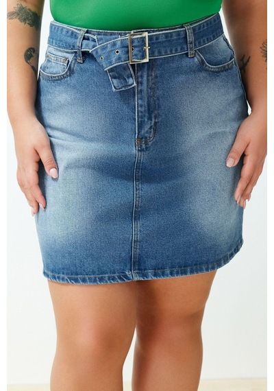 Ersefa Moda Büyük Beden Regular Düz Desen Günlük Mini Boy Kemerli Mini D Mavi
