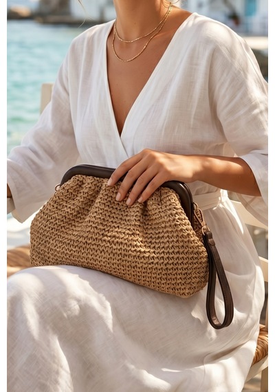 Vivazzaluxe Vintage Model Örme Hasır Kadın Portföy Clutch Çanta Koyu Bej
