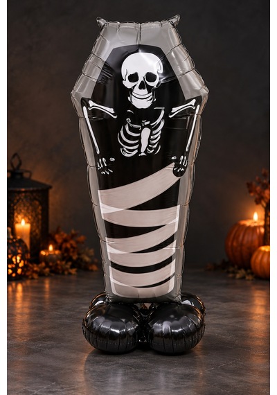 Halloween Cadılar Bayramı Ayaklı Tabut İskelet Folyo Balon 99x57 Cm Siyah Oda Dekoru Parti Süsü Çok Renkli