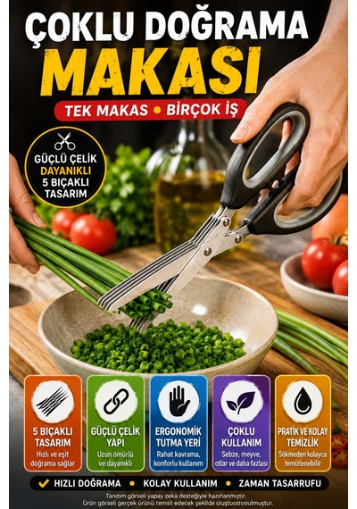 5 Bıçaklı Çoklu Doğrama Makası Sebze Yeşillik Maydanoz Taze Soğan Kesme Makası Temizleme Taraklı Set