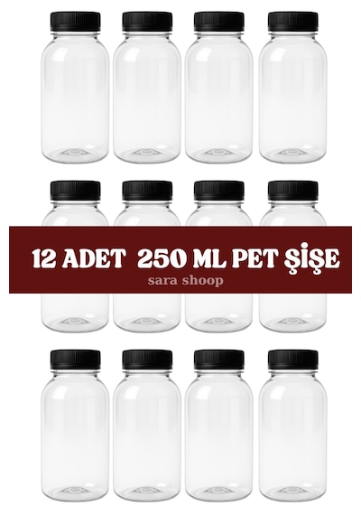 250ml Pet Yuvarlak Şişe Ve Siyah Kapak 12 Adet Şeffaf - Siyah