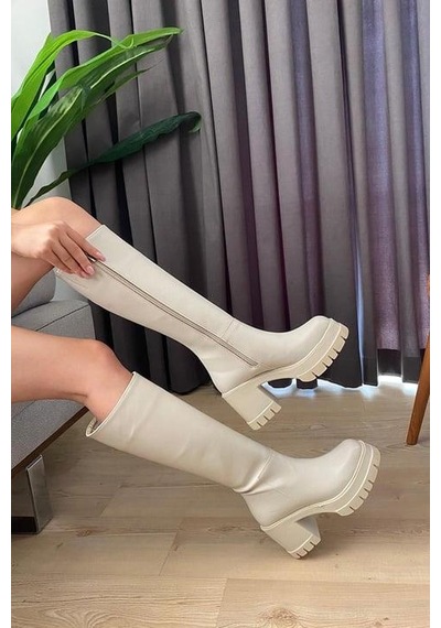 Asmi Shoes Kadın Fenni Krem Cilt 8 Cm Topuklu Yandan Fermuarlı Çizme Krem Krem