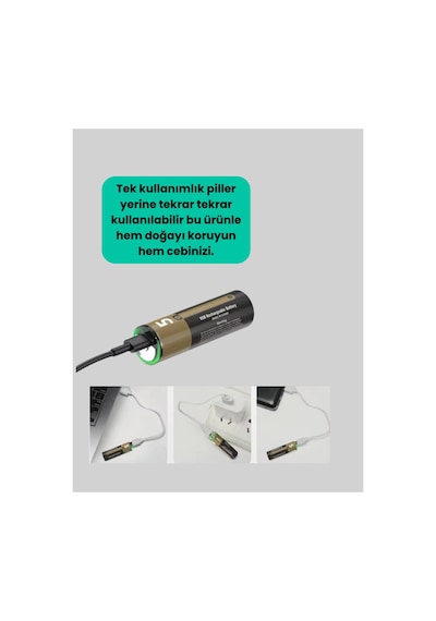 Usb Type-c Girişli Şarjlı Aa Lityum Pil 1.5v Sabit Çıkış 3200mwh 2'li Paket Çok Renkli