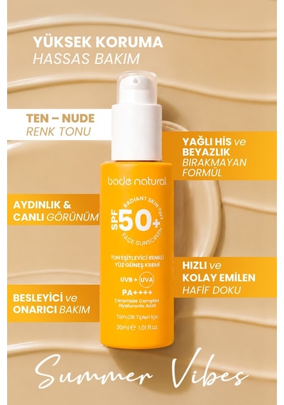 Bade Natural Ton Eşitleyici Renkli Yüz Güneş Kremi SPF50+ 30 ML