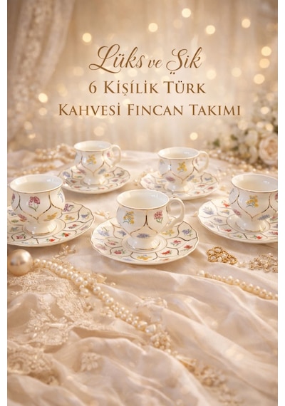 6'lı Gold Detaylı Çiçekli Fincan Takımı- Mien 6 Kişilik Gold Çiçekli Türk Kahvesi Seti Sarı - Çok Renkli