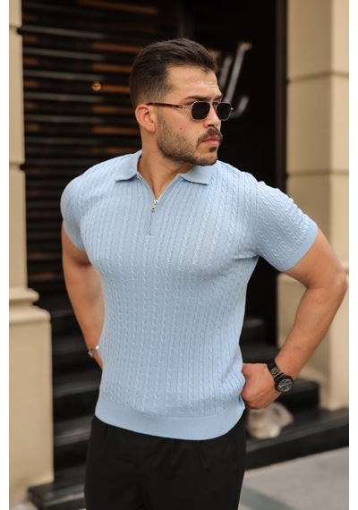 Veraura Lifestyle Erkek Örgü Desen Fermuar Yakalı Triko Tişört Bebe Mavisi