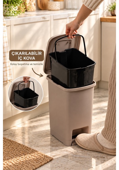 Porsima 1136 10 Lt İç Kovalı Pedallı Çöp Kovası - Slim Mutfak Ve Banyo Çöp Kovası Cafe Latte Açık Kahverengi