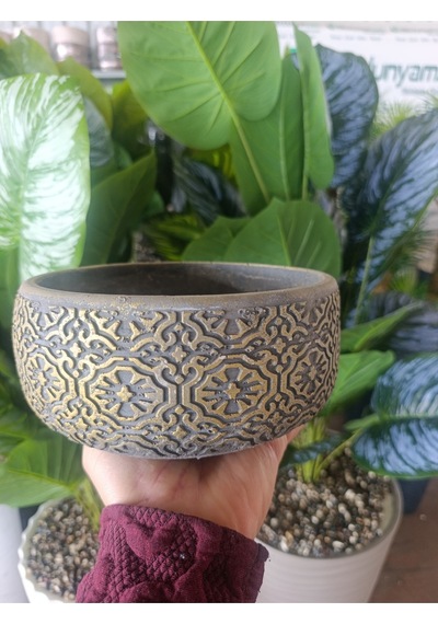 19 Cm El Yapımı Beton Saksı - Altın Eskitme Desenli Dekoratif Modern Çiçeklik - Büyük Boy Lüks Saksı