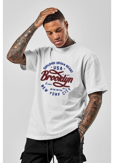 Erkek Beyaz Oversize Brooklyn Baskılı T-shirt Beyaz