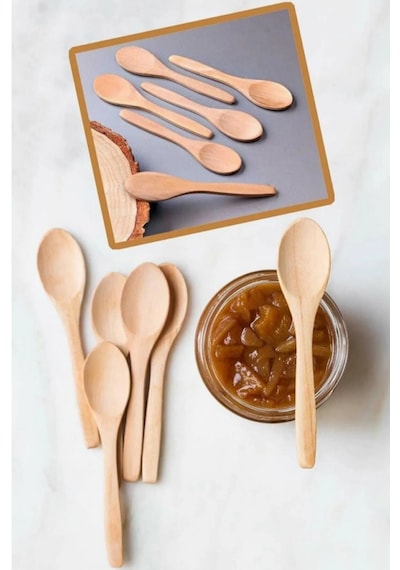 6 Adet Ahşap Mama Kaşığı - Reçel Bal Servis Çay Kaşık 13 Cm