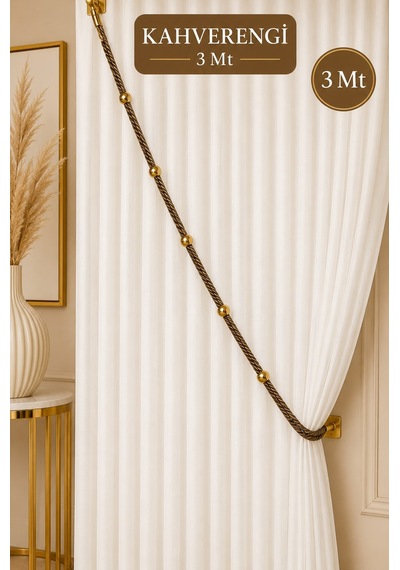 Kahverengi Kruvaze Perde Tavan Korniş Bağlama Halatı - Gold Detaylı - Perde Süsü - 3 Metre - 1 Adet