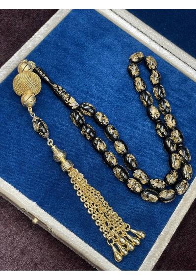 Gold Renkli Aksamlı Siyah Altın Varaklı Uçak Camı Tesbih 12x8 Mm