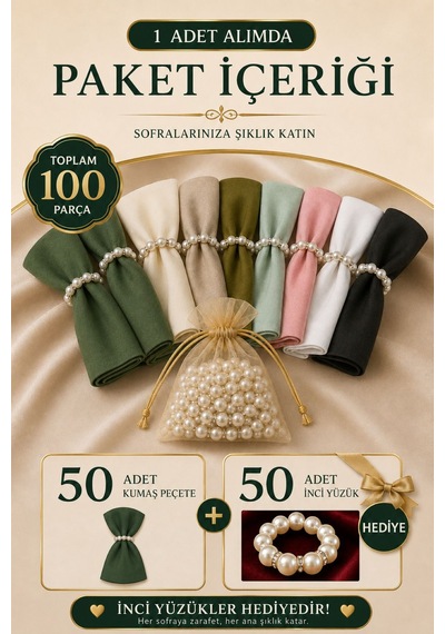 Kumaş Peçete 50'li Paket Peçete Halka Hediyeli Tam 100 Parça Kırmızı Kırmızı