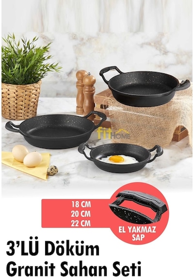 3'lü Fırına Girebilir Granit Döküm Sahan Seti 18-20-22 Cm Siyah
