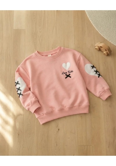Roya Kız Çocuk Somon Sweatshirt Kalpli Detaylarla