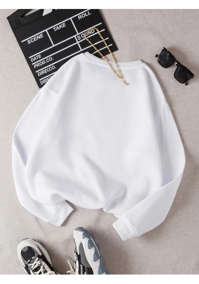 Startmore Kadın Positive Renkli Oversize Bisiklet Yaka Pamuklu Sweatshirt Beyaz Beyaz