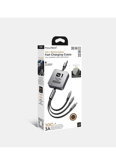 100w Fulltech Makaralı 3 İn 1 Hızlı Şarj -aluminyum Gövde Lightining , Micro , Typ-c Şarj Kablosu 0