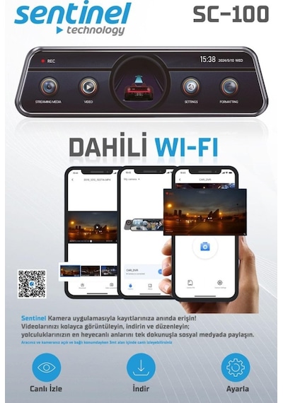 Sentinel Sc-100 2k Ahd Çift Kameralı Araç İçi Dikiz Aynası Kamera Wi-fi, G-sensor, Gece Görüş, Dokunmatik Ekran