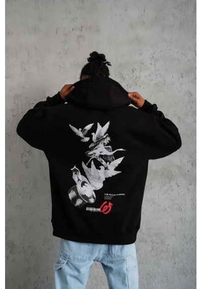 Veraura Lifestyle Erkek Şapkalı Güvercin Baskılı Kapşonlu Sweat - Siyah S