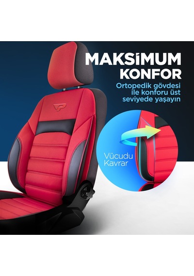 Panda Special Serisi Jakar Kumaş Oto Koltuk Kılıfı - Kırmızı - Siyah