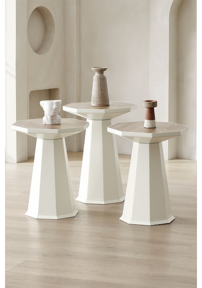 Elegance 3'lü Sehpa, Yan Sehpa, Zigon Sehpa - Aytaşı&ud Desenli Tabla Aytaşı Gövde & Ud Açık Ceviz Rengi Tabla