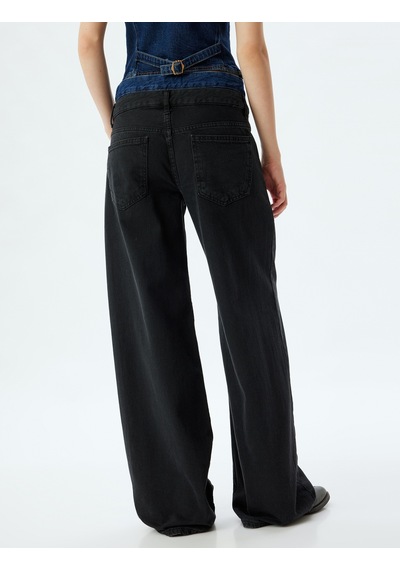Koton Bol Kot Pantolon Çift Bel Detaylı Düğmeli Yıkamalı - Loose Straight Fit Jean Siyah 5wal40083md Siyah