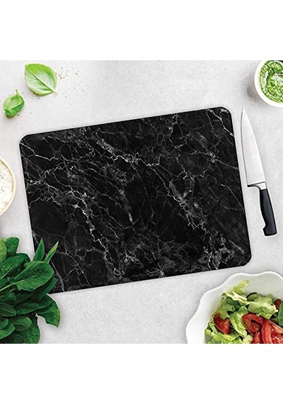 Siyah Mermer Görünümlü Cam Kesme Tahtası 30cm X 40cm Çok Renkli