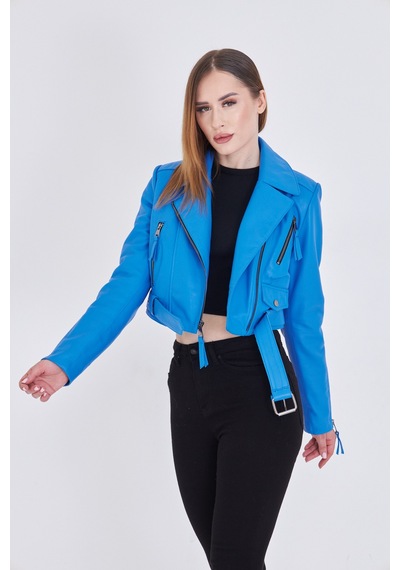 M M Marki Marki Kadın Mavi Hakiki Deri Crop Ceket Biker Stil, Kruvaze Yaka, Kemerli, 52 Cm - 117622
