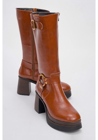 Luvishoes Luvi Shoes Rock Taba Cilt Tokalı Fermuarlı Kadın Platform Topuklu Çizme Taba