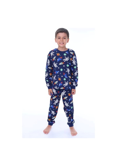 Zuzunga Astronot Temalı Pamuk Unisex Çocuk Pijama Takımı Lacivert