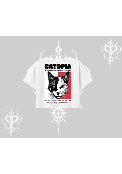 Tarzsokak Modern Kedi Temalı Arka Baskılı Oversize Crop Tshirt Beyaz