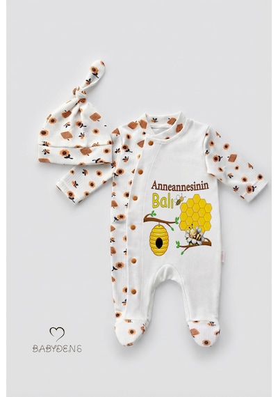 Babyden's Anneannesinin Balı Yazılı Yenidoğan Bebek Tulum Şapka Set Arı Desenli Unisex Çıtçıtlı Bebek Tulum Ekru - Sarı