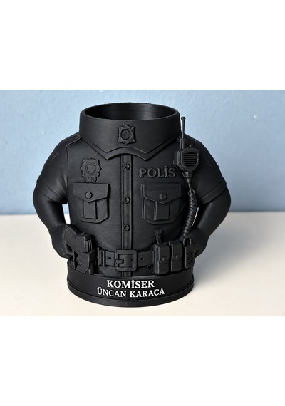 Kişiye Özel Polis Kalemlik 3d Baskı Polis Üniforması Tasarımlı İsimli Masaüstü Organizer Hediye Siyah