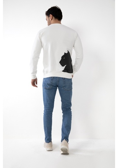 Erkek Beyaz Renk Kapşonsuz Puma Baskılı Sweatshirt