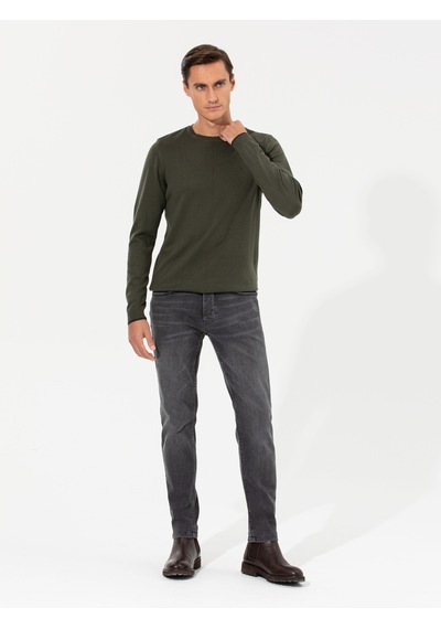 Cacharel Haki Slim Fit Bisiklet Yaka Basic Triko Kazak Yesıl