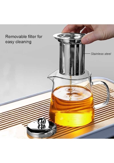 Qerhome Borosilikat Cam Çelik Süzgeçli Ve Kapaklı Oval Tasarım Lüks Çay & Kahve Demliği 750 Ml Şeffaf