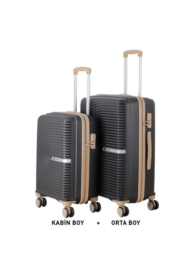 Mçs Bavul Orta Ve Kabin 2li Set Kırılmaz Silikon Valiz V374 Siyah/şampanya Siyah
