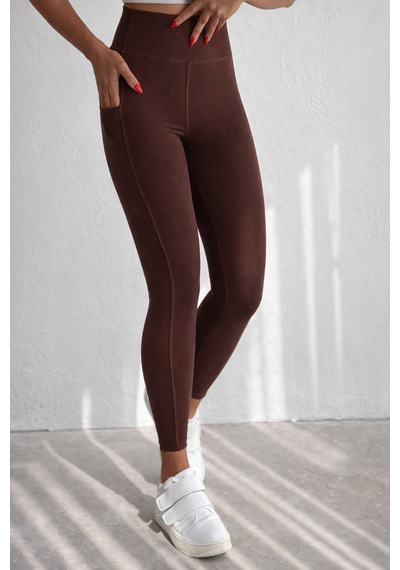 Balenbi Haute Kadın Yüksek Bel Toparlayıcı Çift Cepli Leggings Fitness Tayt 1092 Kahverengi