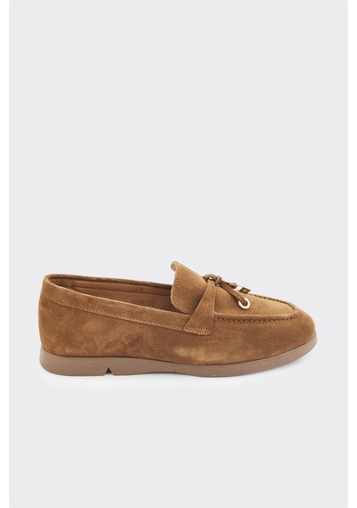 Derinet Hakiki Deri Püsküllü Kadın Loafer Taba Süet Taba Süet