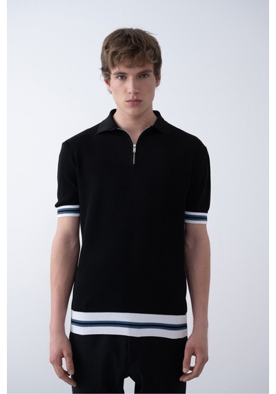 Baselco Triko Polo Yakalı T-shirt - Premium Ribana Detaylı Siyah
